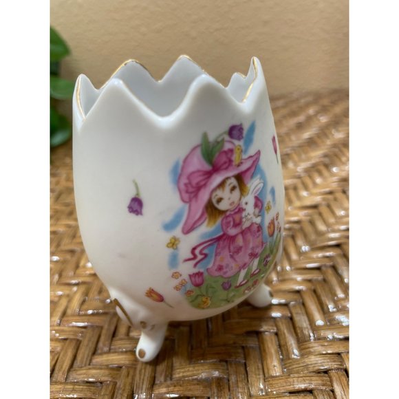 Vintage Geo Z Lefton Egg Cup Vase Handpainted Girl Flowers Spring Easter - Picture 5 of 14